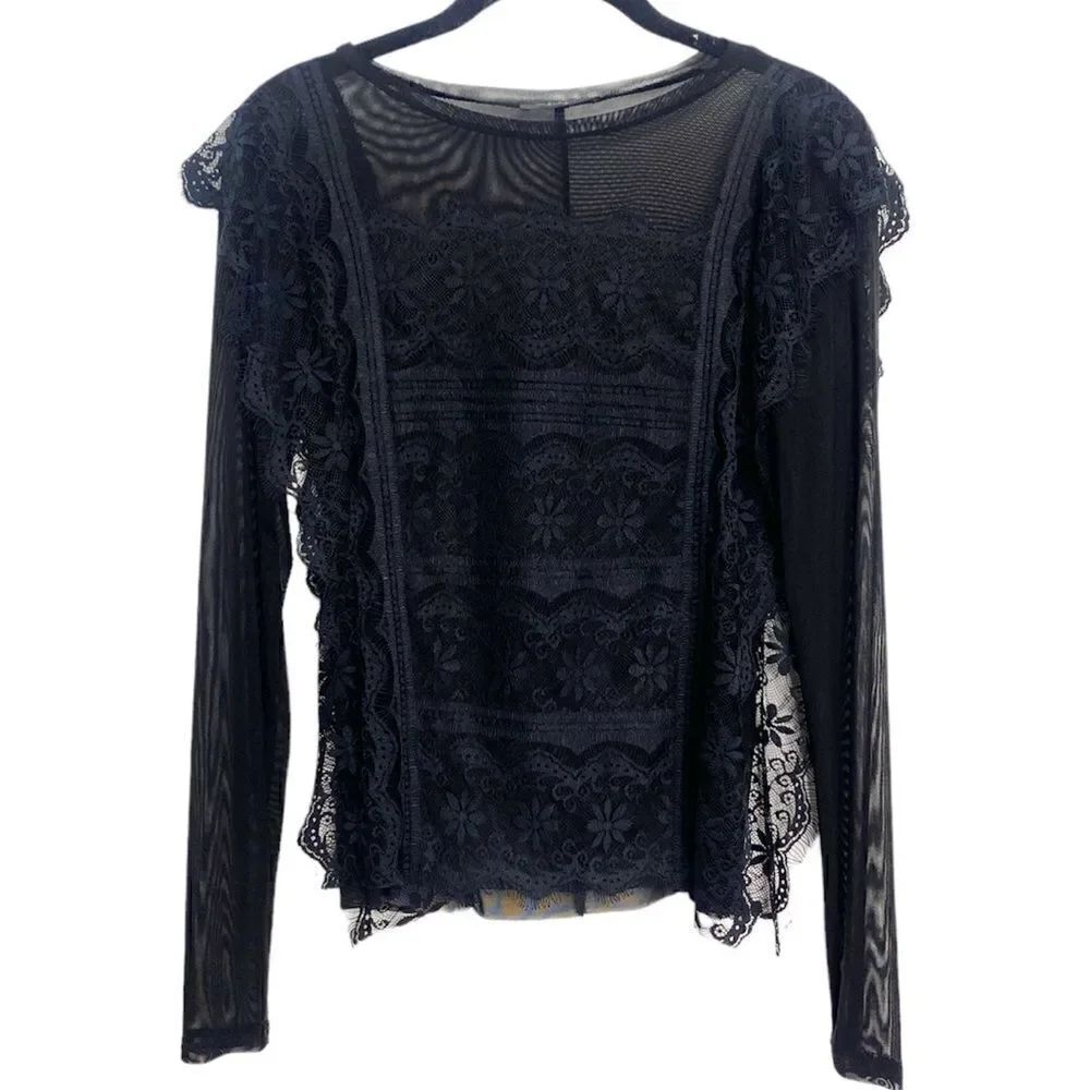 BKE Boutique Mesh Lace Long Sleeve Black Blouse Size XS